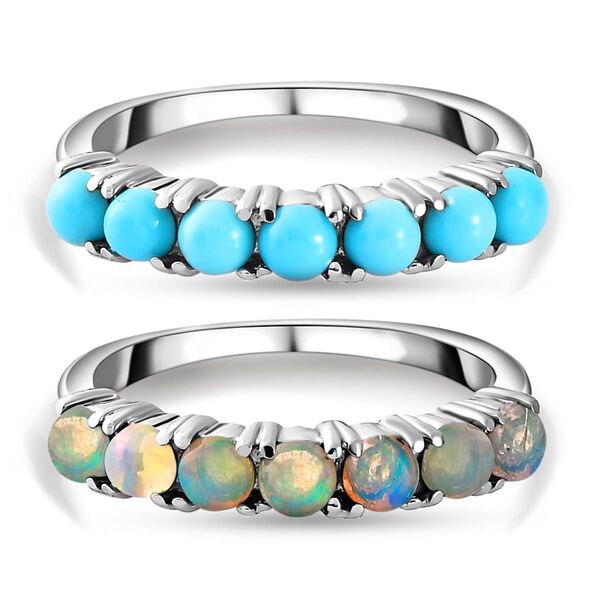 2er Set - Sleeping Beauty T&uuml;rkis und nat&uuml;rlicher, &auml;thiopischer Opal-Half-Eternity-Ring in Silberton, 1,35 ct.