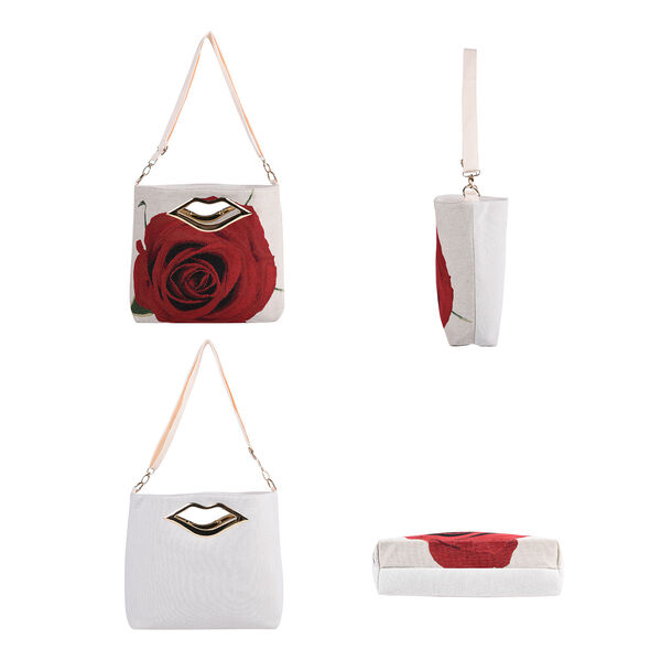 Jacquard Crossbody Tasche, Rose Muster, Größe 39x10x26 cm, Beige und Rot image number 4