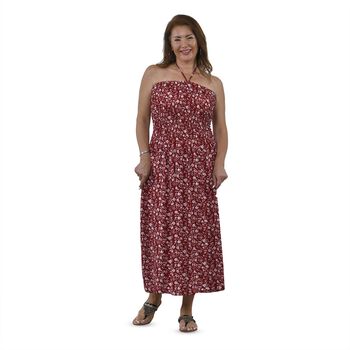 Maxikleid mit gesmokter Taille, One Size, rot mit wei&szlig;en Blumen
