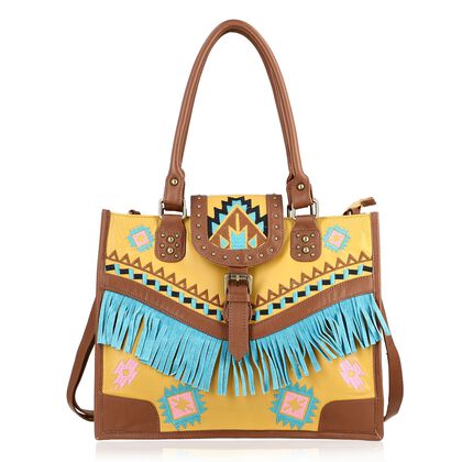 Handgefertigte Umh&auml;ngetasche aus Echtleder mit Stickerei, Fransen und geometrischem Muster, Magnetverschluss, 28x24x18cm, Gelb-Braun