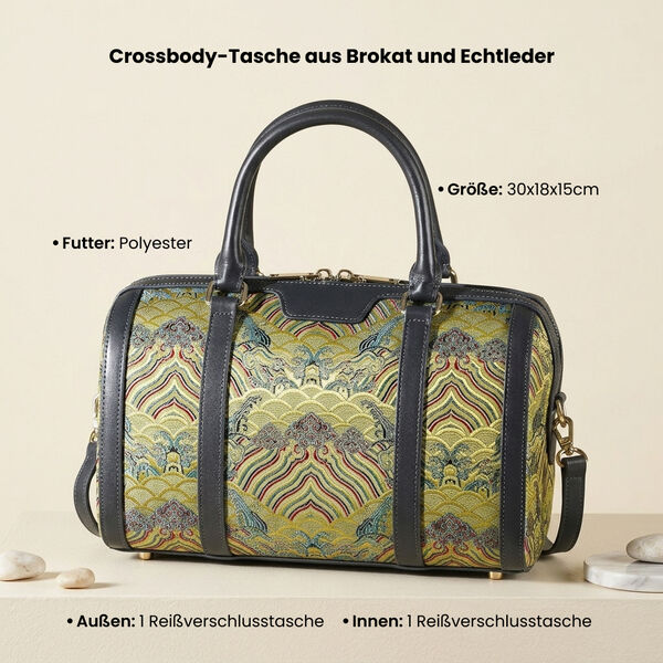 LA MAREY Brokat Crossbody Tasche aus Seide und Echtleder, 30x18x15cm, Gelb image number 1