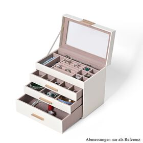 Schmuckbox, 4 Schichten mit Chic-Griff und Glasfenster , weiß