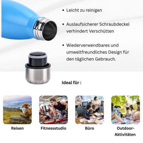 Doppelwandige Edelstahl-Trinkflasche, 500ml, Blau image number 2