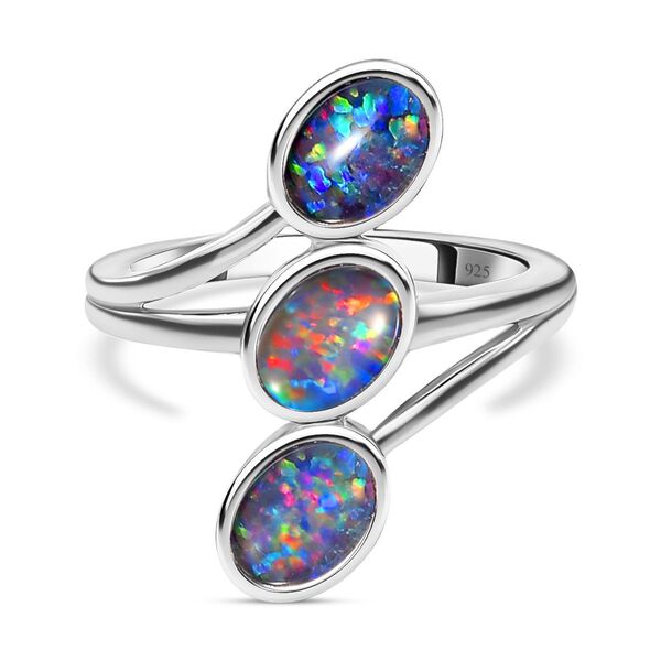 Boulder Opal Triplette Ring, 925 Silber platiniert (Gr&ouml;&szlig;e 17.00) ca. 1.77 ct