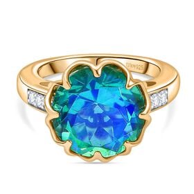 D’joy Pfau Quarz Triplette, Weißer Zirkon Ring 925 Silber 750 Gelb Vergoldet (Größe 16.00) ca. 7,51 ct