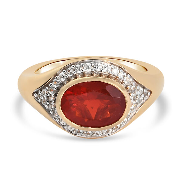 Mexikanischer Kirschfeuer-Opal und Zirkon Ring 925 Silber Gelbgold Vermeil  ca. 1,72 ct