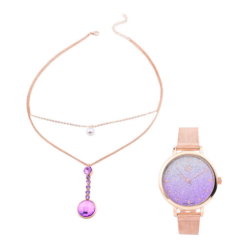 2er-Set - STRADA Uhr und Halskette mit lila Kristall - 6 ct. image number 0