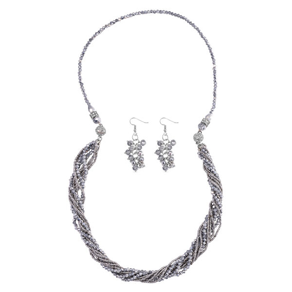 2er Set - Grau Kristall, Wei&szlig;er Kristall Halskette und Ohrringe