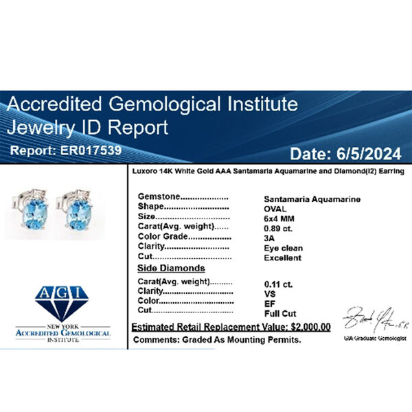 LUXORO zertifiziert und gepr&uuml;ft AAA Santamaria Aquamarin und Diamant Ohrringe in 585 Wei&szlig;gold - 1 ct. image number 6