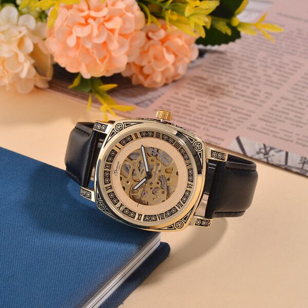 Genoa Time V2 Automatik-Uhr mit Mechanischem Uhrwerk, Goldfarbener Gravur und Schwarzem Lederarmband image number 2