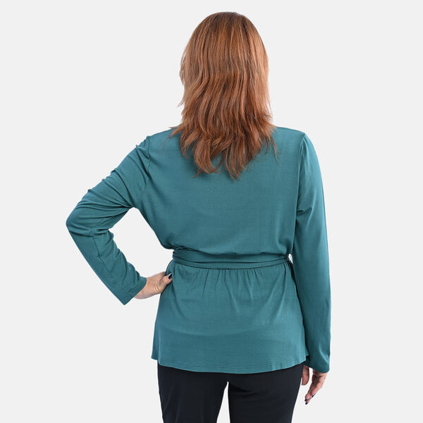 TAMSY - Bluse in Wickeloptik mit V-Ausschnitt, Gr&ouml;&szlig;e S, Blaugr&uuml;n  image number 1