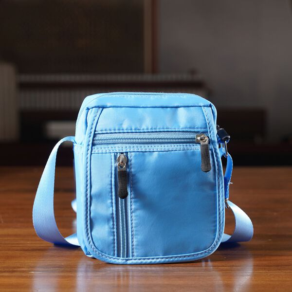 Umh&auml;ngetasche mit mehreren Rei&szlig;verschlussf&auml;chern und RFID-Schutz, 12,5x6x16cm, Blau image number 2