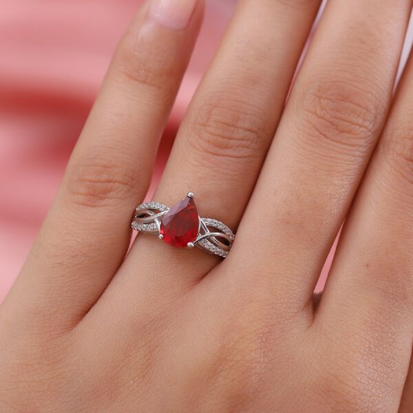 Mexikanischer Kirschfeuer-Opal und Zirkon Ring 925 Silber Platin-Überzug image number 3