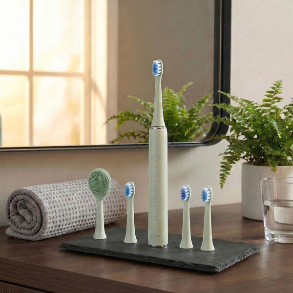 LIVMORE Sonic elektrische Zahnb&uuml;rste mit 3 Zahnb&uuml;rstenk&ouml;pfen und 1 Silikon-Zungenb&uuml;rstenkopf, 24,5x2,5cm, Gr&uuml;n image number 1