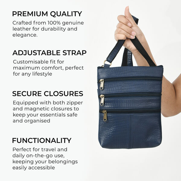 Echtleder Crossbody Tasche mit Kroko Pr&auml;gung, Multi-F&auml;cher, 20 x 24 cm, Marineblau image number 5