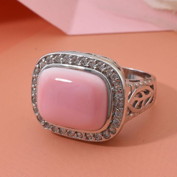AAA Nat&uuml;rlicher Rosa K&ouml;nigsmuschel Perle, Wei&szlig;er Zirkon Ring 925 Silber rhodiniert (Gr&ouml;&szlig;e 20.00) image number 1