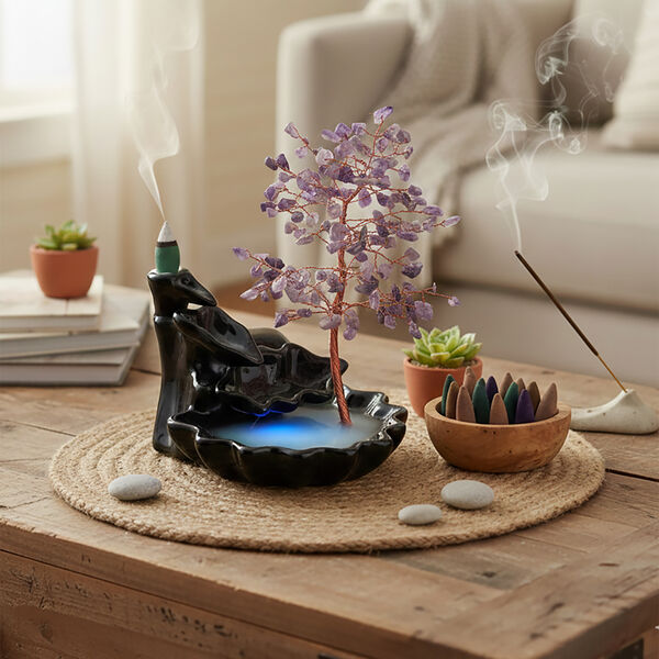 "Amythyst Backflow Incense Burner With  Crystal Tree Back Flow Incense Holder With 30 Incense Cones Size:- 18 X 10 X 20 Cms Color- Purple" image number 2