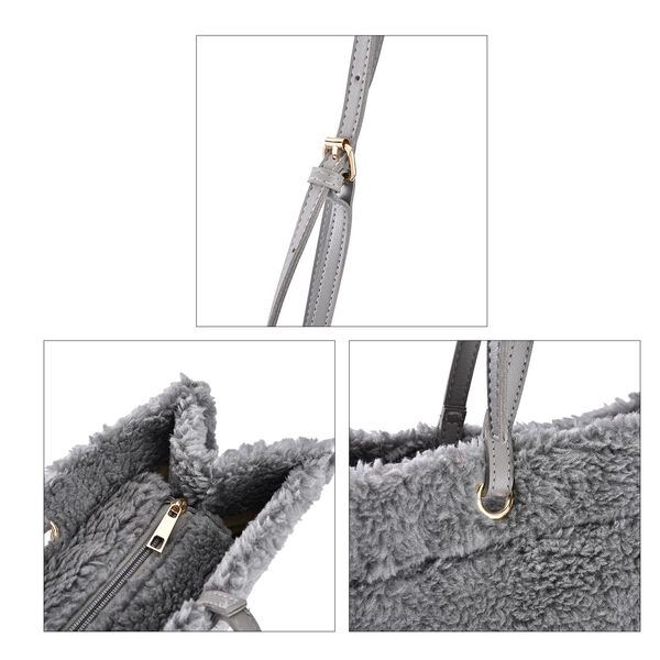 Kunstfell Schultertasche mit Schulterriemen, Grau image number 5