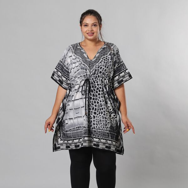 V-Ausschnitt bedruckter Kaftan, Einheitsgr&ouml;&szlig;e Schwarz und Wei&szlig;