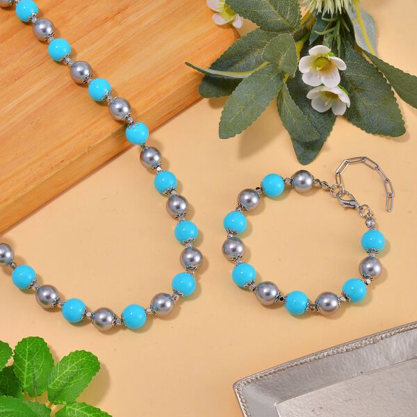 2er Set - Sleeping Beauty Türkis-Farbe Muschelkernperle Halskette und Armband, rhodiniert image number 2