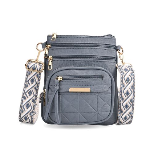 Crossbody-Tasche mit mehreren Fächern, 19x22?cm, Minzgrün -Grau mit gemustertem Schultergurt, Minzgrün