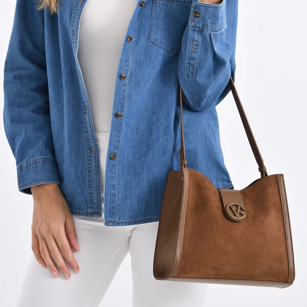 Echtleder-Trapez-Umh&auml;ngetasche mit Doppelriemen und Magnetverschluss, 27x11x23cm, Braun image number 3