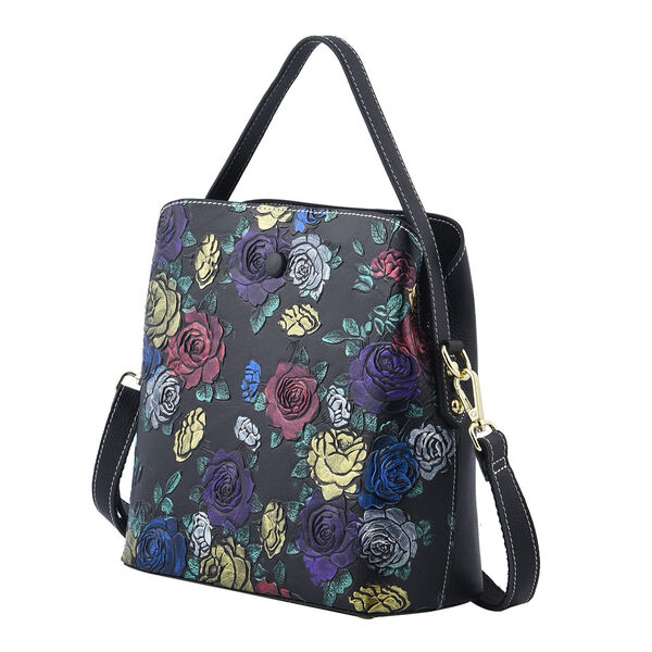 Crossbody Tasche aus 100% echtem Leder, Rosen Blumenmuster, Gr&ouml;&szlig;e 22x11x18 cm, Schwarz image number 7