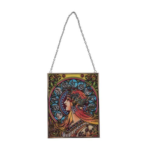 Handbemalter Glas-Sonnenfänger, Alphonse Mucha-Motiv Jugendstil-Dame, 12×15cm, Mehrfarbig image number 1