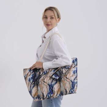 Leopardenmuster Shopper Set 2-teilig Gro&szlig;e Tragetasche 56 x 36 x 16 cm mit Rei&szlig;verschluss Etui 15 x 12 cm, Cremeblau