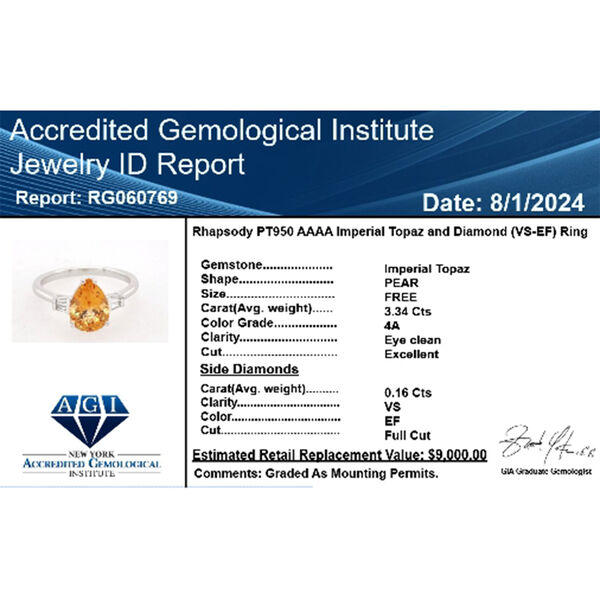 RHAPSODY zertifiziert und geprüft AAAA kaiserlicher Topas und VS-EF Diamant Ring in 950 Platin - 3,50 ct. image number 6