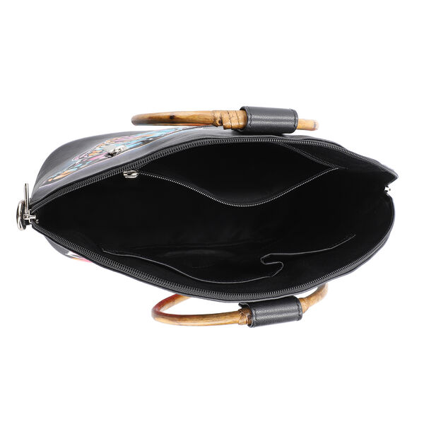 SUKRITI, Handbemalte 100% Leder Tasche mit Maulbeerseiden Schal, Schmetterling Muster, Schwarz image number 6