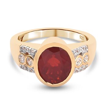 Mexikanischer Kirschfeuer-Opal und Zirkon-Ring, 925 Silber Vermeil (Gr&ouml;&szlig;e 16.00) ca. 1,57 ct