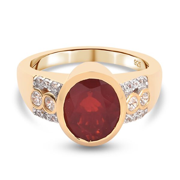 Mexikanischer Kirschfeuer-Opal und Zirkon Ring 925 Silber Vermeil