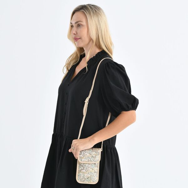 LA MAREY Brokat Handy Umh&auml;ngetasche aus Seide und Echtleder, 12x19x3cm, Beige image number 2