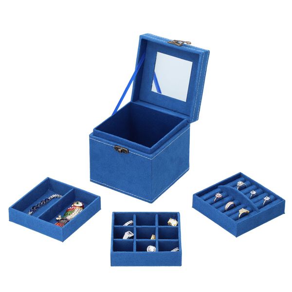 Schmuckkästchen aus Samt mit Spiegel, Schloss und Griff, 3 Ebenen, Blau image number 6
