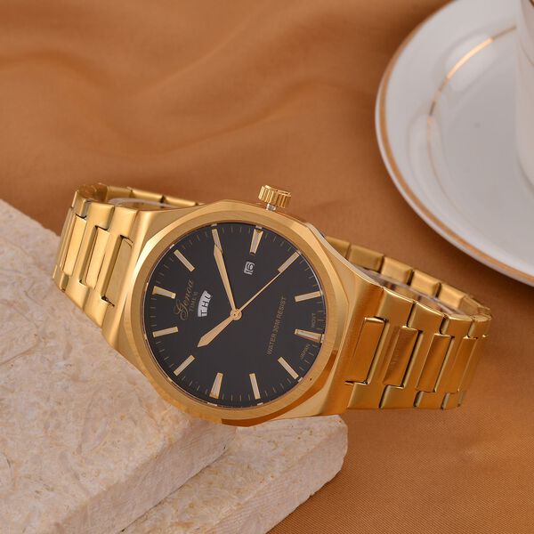 GENOA - Japanisches Uhrwerk, Schwarzes Sonnenschliff-Zifferblatt mit Balkenindexen, Edelstahl mit Faltschließe, Reiner Edelstahl, 20 cm, Goldfarben image number 2