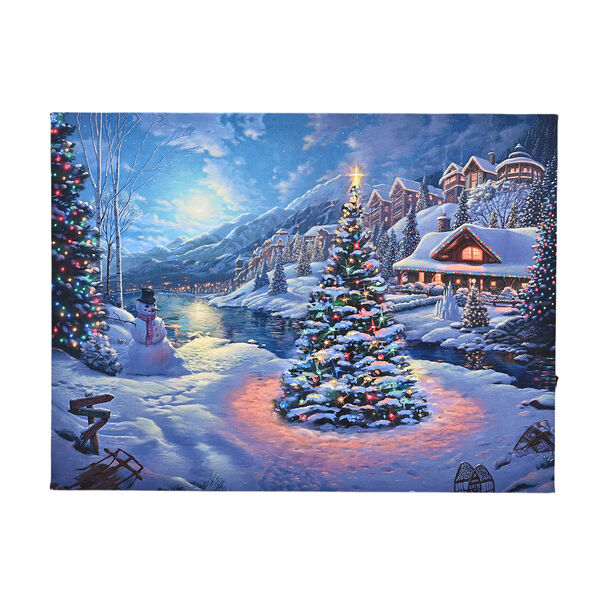 LED-Leinwandbild Weihnachtsbaum am See, mit 3 warmwei&szlig;en LEDs und 30 Lichtfasern, 30x40x1,8cm
