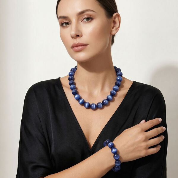 Simuliertes flexibles blaues Katzenauge Armband und 45+5cm Halskette image number 2