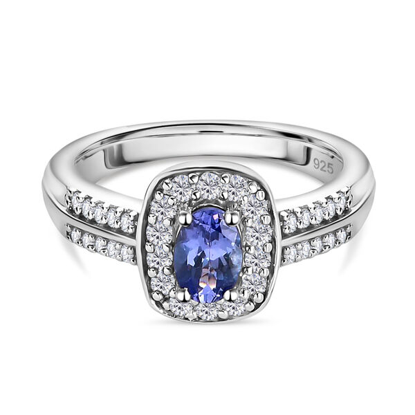 Tansanit und Zirkon Halo Ring 925 Silber Platin-&Uuml;berzug