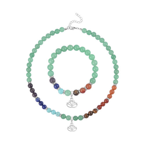 2er Set - Lotusblüten Anhänger Set mit Mehrfarbigen und Grüner Aventurin Edelsteinperlen Halskette und Armband image number 0