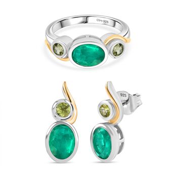 D'Joy Smaragd-Quarz Triplette Schmuckset 925 Silber platiniert und vergoldet (Gr&ouml;&szlig;e 16) ca. 5,60 ct.