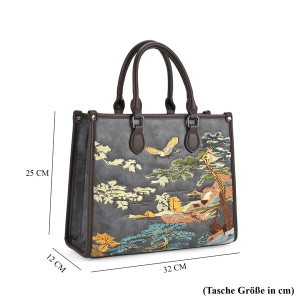 Bestickte Crossbody-Tasche, Blumen-Design, 32x12x25cm, Grau image number 7