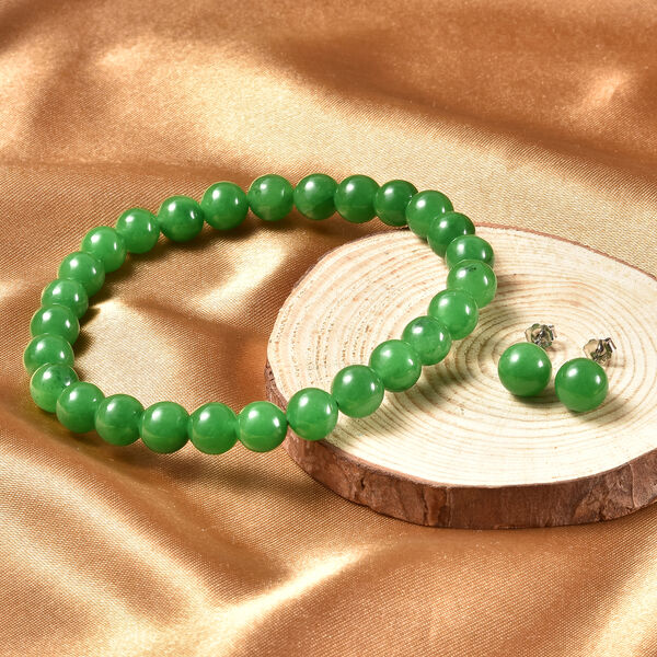 2er-Set - Gr&uuml;nes Jade-Armband, 19 cm, und Ohrstecker - 111,50 ct. image number 2