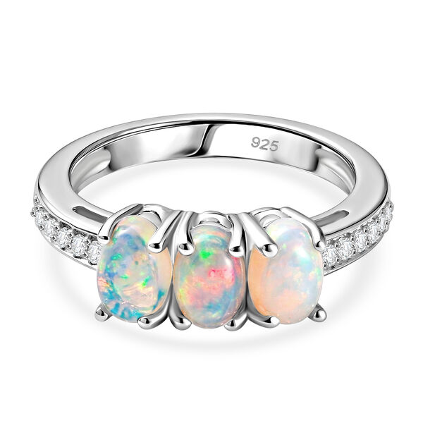 Nat&uuml;rlicher &Auml;thiopischer Opal und Zirkon 3 Stein Ring 925 Silber Platin-&Uuml;berzug