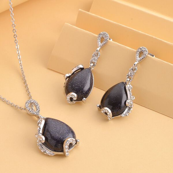 2er Set, Blaue Sandstein Ohrringe und Anhänger mit Kette, ca. 14.00 ct image number 2