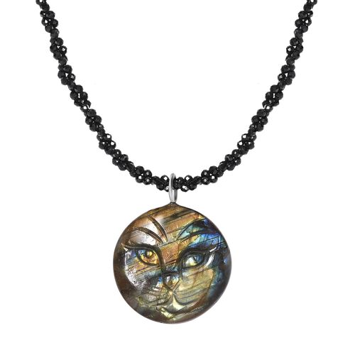 Labradorit und schwarze Spinell-Katze-Halskette, 50 cm - 115 ct. image number 0