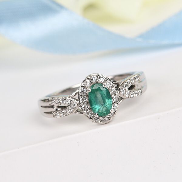 Sambischer Smaragd und Zirkon Ring 925 Silber Platin-&Uuml;berzug image number 2