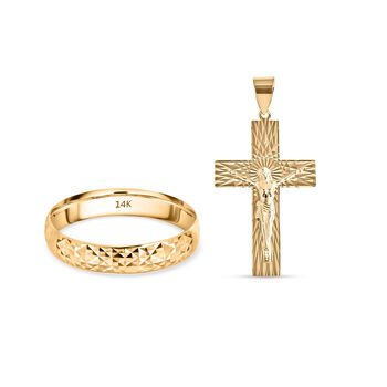 585er Goldring mit Diamantschliffmuster und 375er Gold Kreuz-Anh&auml;nger