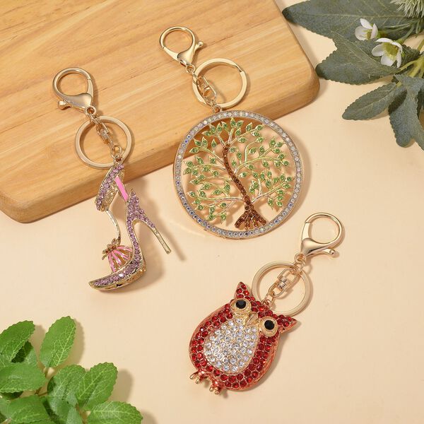 Mystischer Wei&szlig;er Kristall Schl&uuml;sselanh&auml;nger, emaillierte Legierung, goldfarben, Lebensbaum image number 1