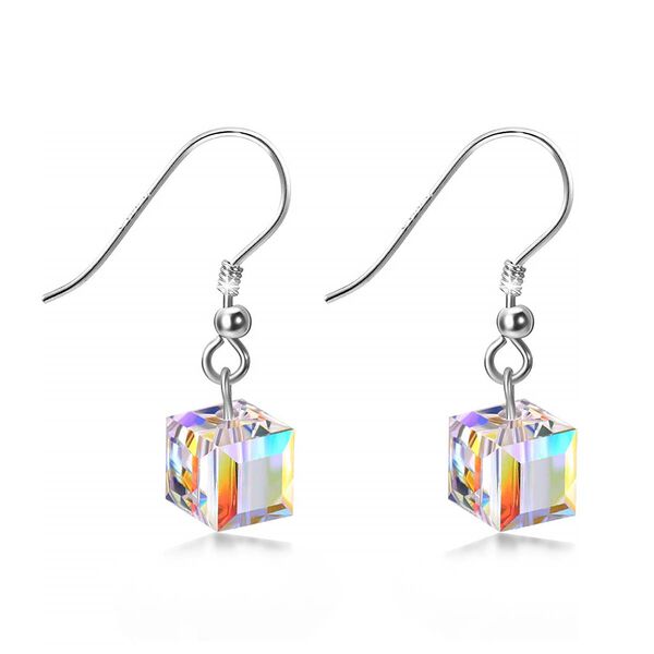 Würfel Kristall Ohrhänger, Irideszierender Glanz, Messing, rhodiniert image number 0